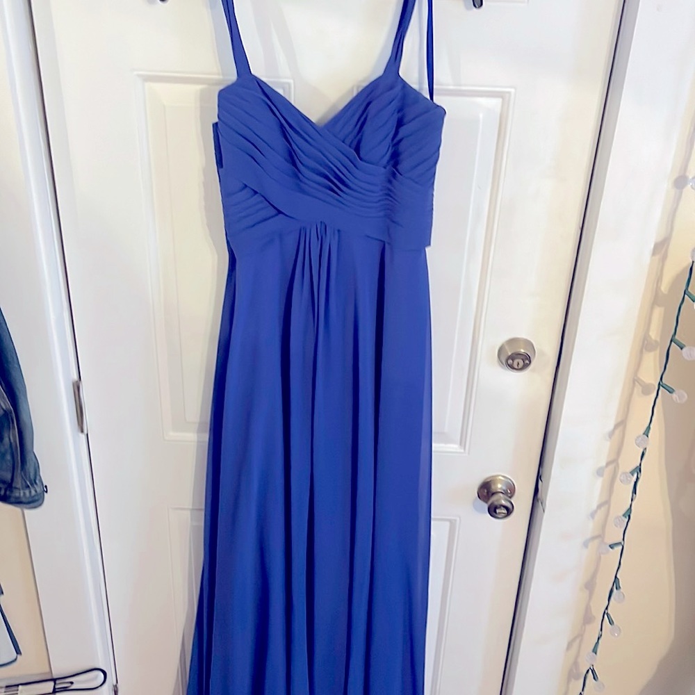 Floor-length sapphire blue gown